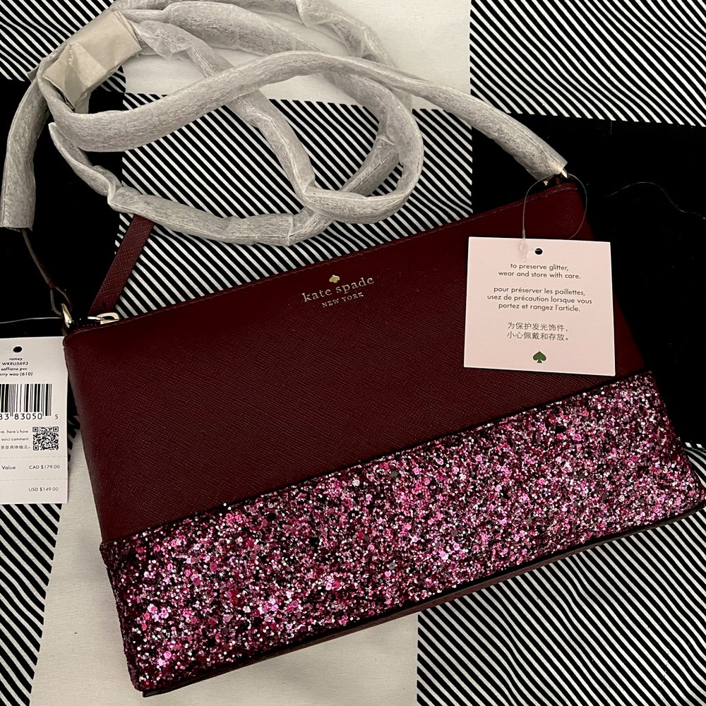 Kate Spade burgundy crossbody glitter bag. NWT new with tags